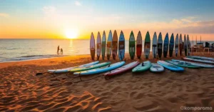 taille paddle - nombreux paddles plantés dans le sable sur la plage avec un coucher de soleil