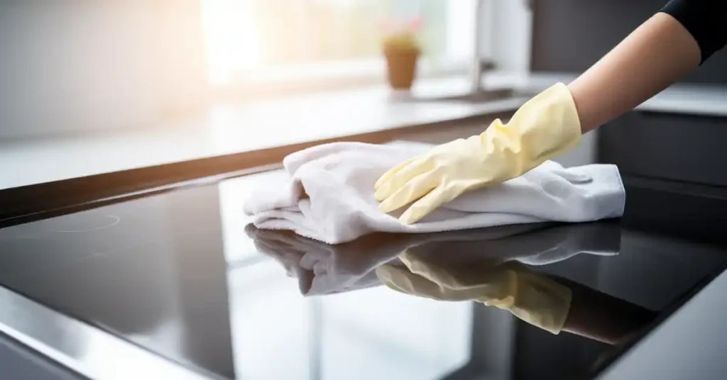 Comment nettoyer une plaque induction - main de femme nettoyant une plaque induction avec un chiffon