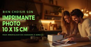 imprimante photo 10x15 couple avec imprimante regarde photo sur table cuisine