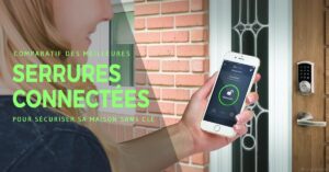 Serrure connectée Hero Image komparama. Femme ouvrant sa porte avec son telephone